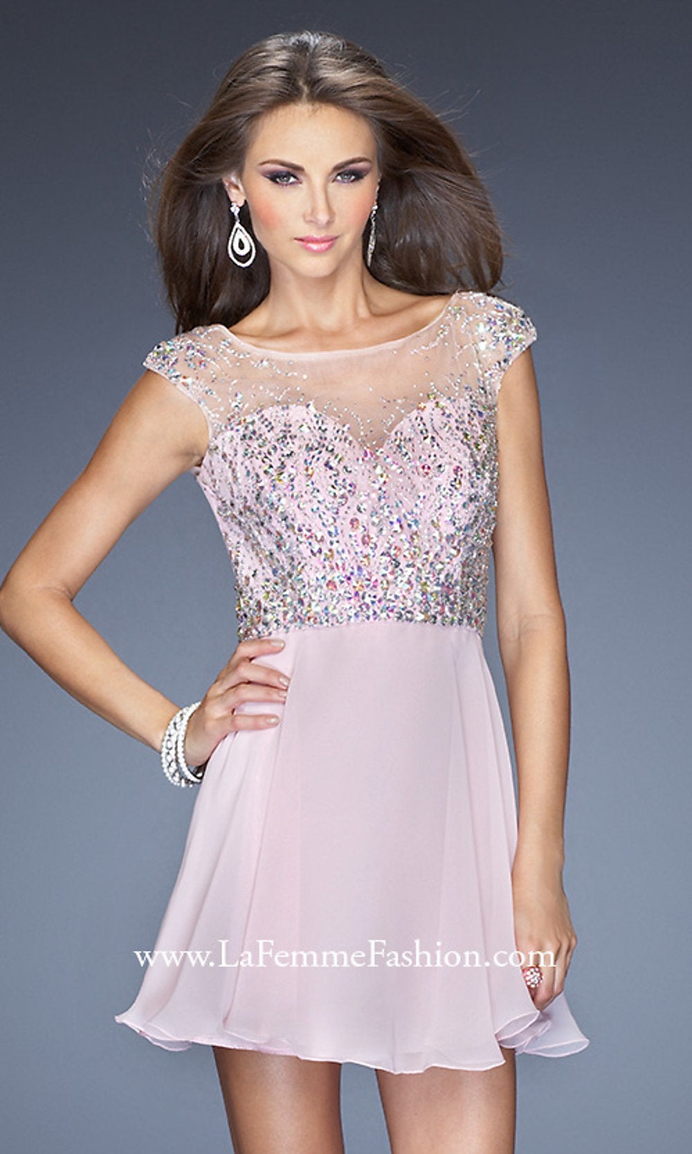 Light Pink Open-Back Beaded-Bodice La Femme Short Party Dress