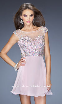 Light Pink Open-Back Beaded-Bodice La Femme Short Party Dress