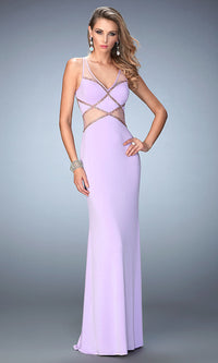 Light Purple La Femme Prom Dress with V-Neck and Open Back