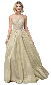 Light Yellow Embellished-Bodice Long Glitter-Knit Prom Dress