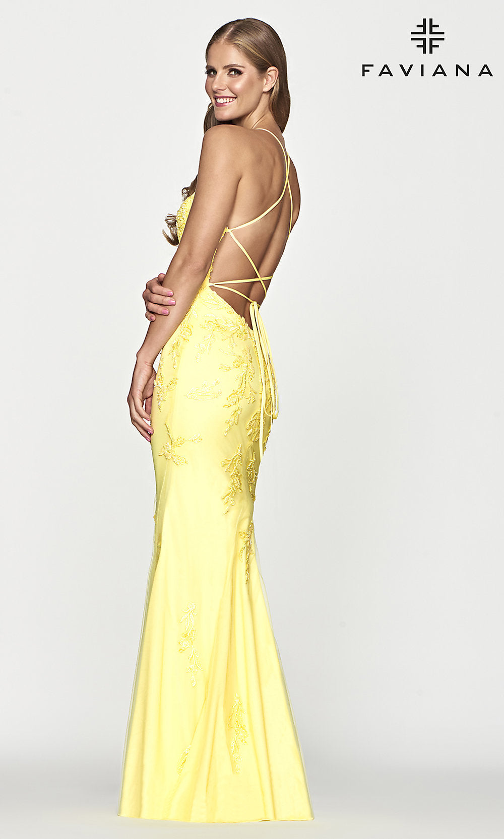  Faviana Long Yellow Prom Dress with Strappy Back