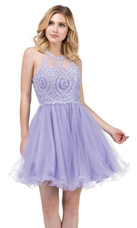 Lilac High-Neck Babydoll Fancy Short Homecoming Dress