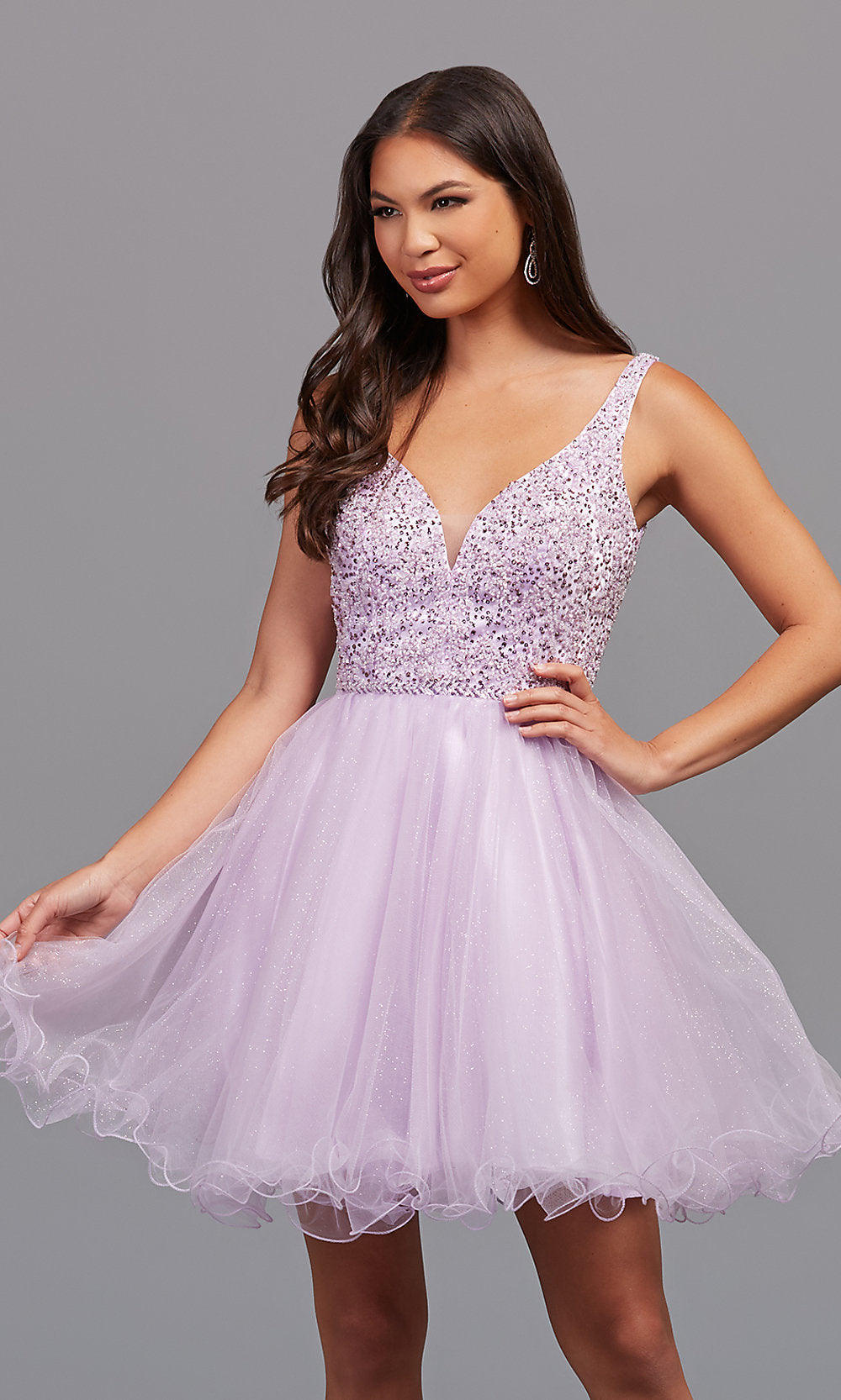 Lilac Beaded Fit-and-Flare Short Formal Homecoming Dress