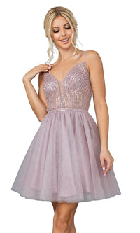Lilac Sequin Sheer-Bodice Short A-Line Party Dress