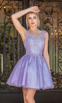 Lilac Short Embroidered Glitter Babydoll Party Dress