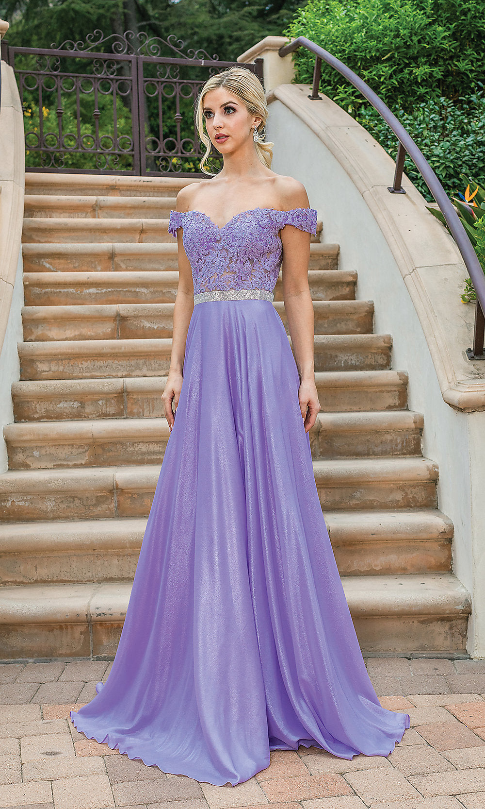 Lilac Off-the-Shoulder Long Metallic A-Line Prom Dress