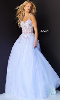 Lilac Sheer-Bodice Lilac Jovani Long Prom Ball Gown