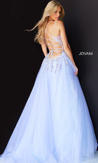  Sheer-Bodice Lilac Jovani Long Prom Ball Gown