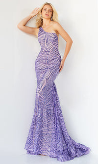 Lilac Lilac Sequin One-Shoulder Long Jovani Prom Dress