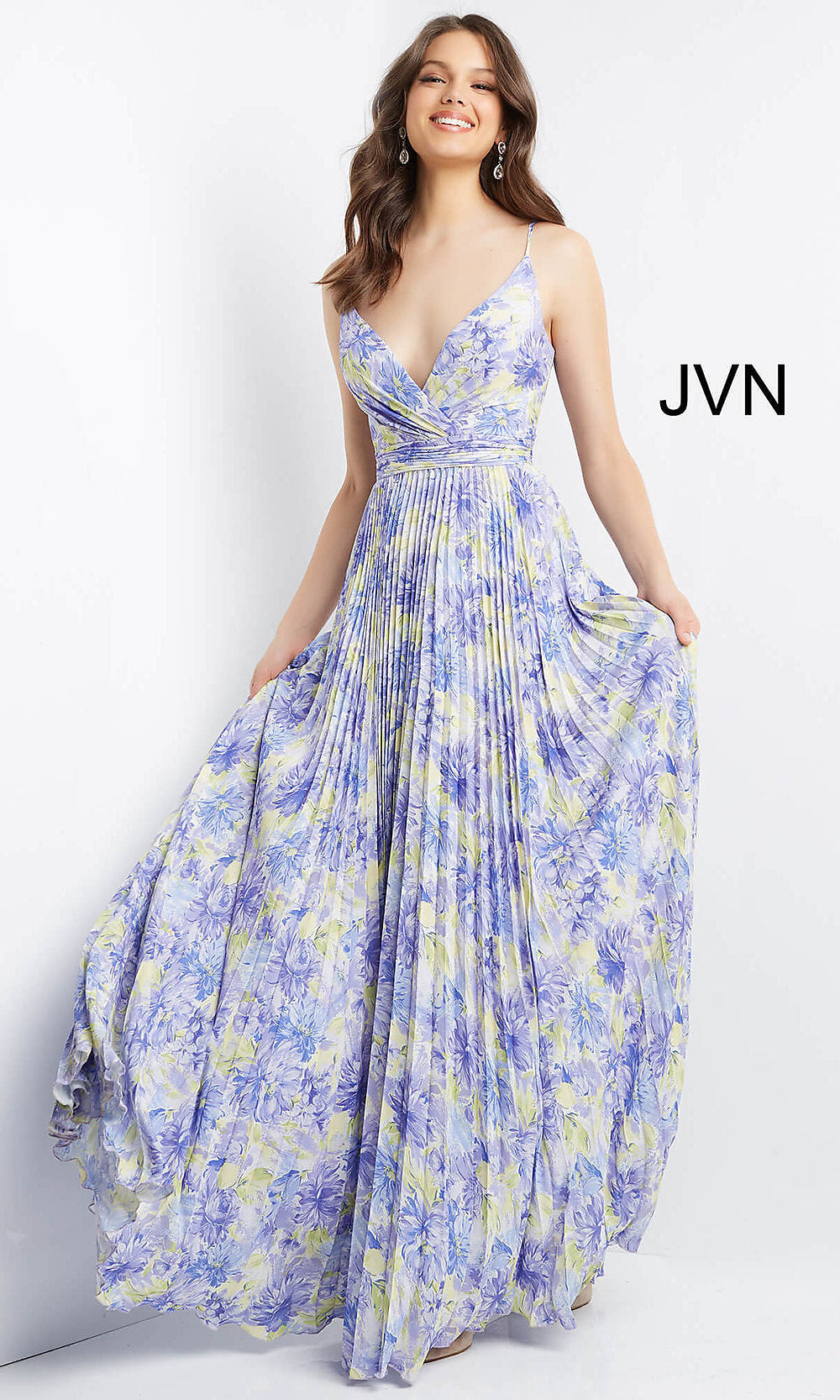 Lilac JVN by Jovani Pleated Long Purple Print Prom Dress