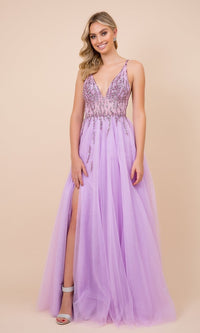 Lilac Embellished-Sheer-Bodice Long Formal Prom Dress
