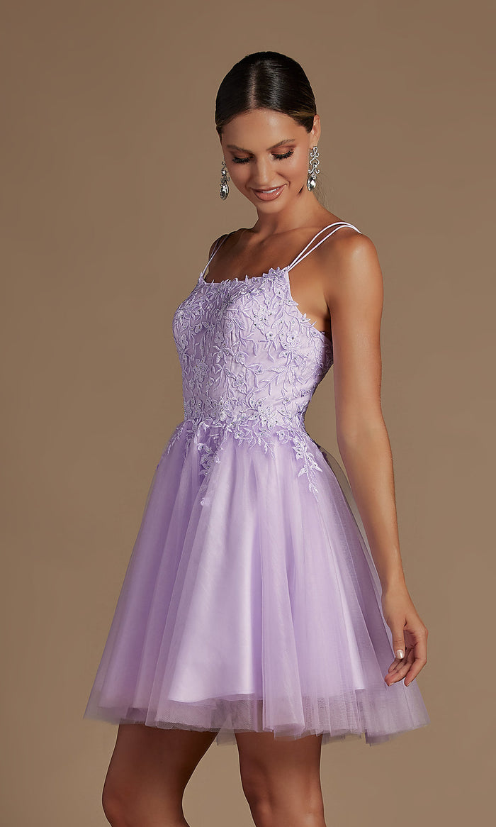 Lilac Embroidered A-Line Short Corset-Back Hoco Dress