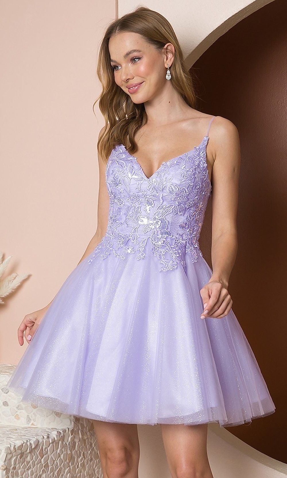 Lilac Embroidered Glitter-Lace Short Homecoming Dress