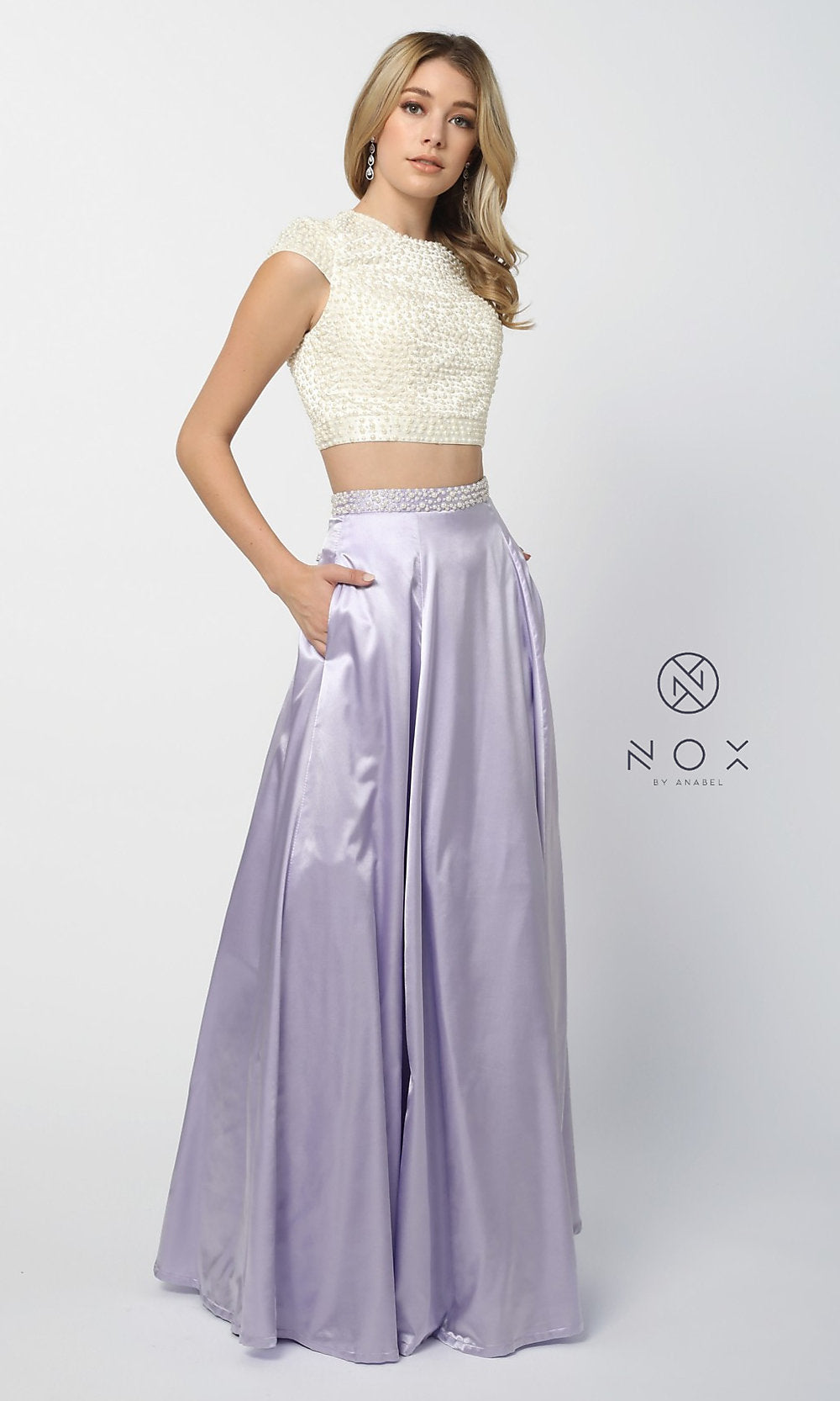 Lilac/Ivory Cap-Sleeve Pearl Satin Long Formal Two-Piece Dress