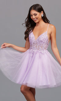 Lilac Sheer-Bodice Lilac Purple Short Homecoming Dress