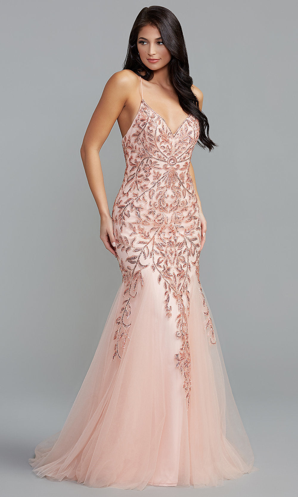 Love/Rose Gold Long Mermaid Prom Dress with Sequin Floral Design