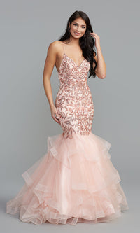 Love/Rose Gold Sparkly Long Formal Dress with Layered Skirt