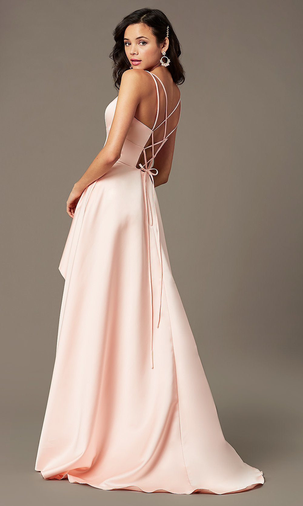  Corset-Back Satin High-Low Prom Dress by PromGirl