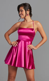 Magenta Corset-Back Short Homecoming Dress with Pockets