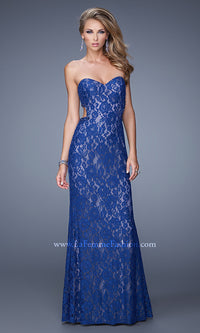 Marine Blue Strapless La Femme Sweetheart Lace Formal Dress