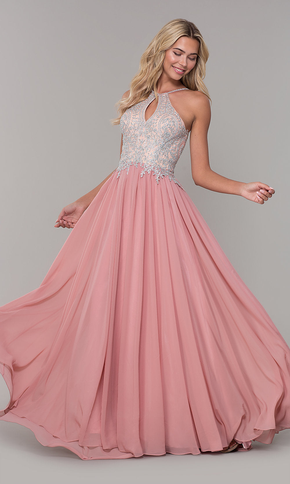 Mauve Keyhole Embellished-Bodice Long Chiffon Prom Dress