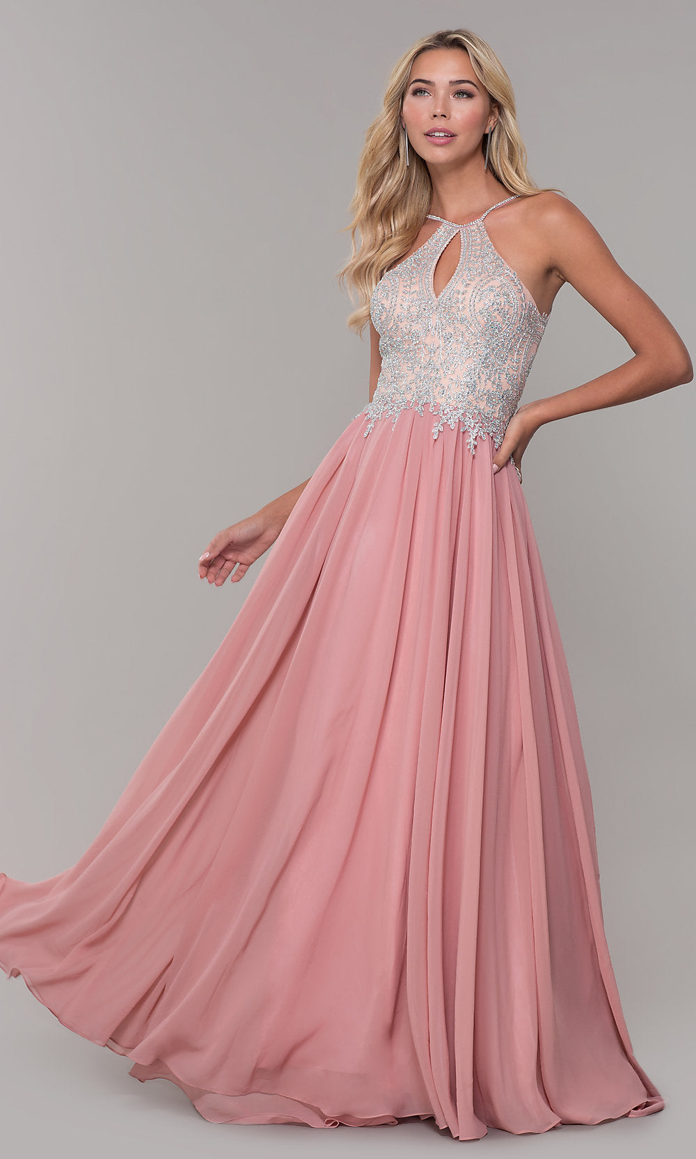  Keyhole Embellished-Bodice Long Chiffon Prom Dress