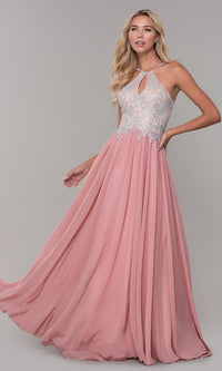  Keyhole Embellished-Bodice Long Chiffon Prom Dress