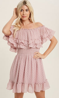Mauve Polka Dot Short Mauve Pink Ruffled Party Dress