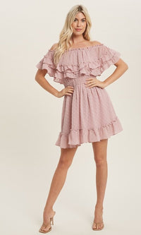  Polka Dot Short Mauve Pink Ruffled Party Dress
