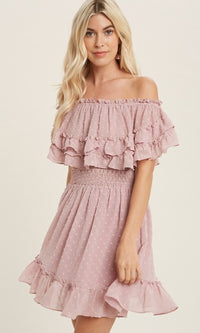  Polka Dot Short Mauve Pink Ruffled Party Dress