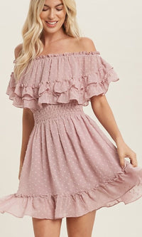  Polka Dot Short Mauve Pink Ruffled Party Dress
