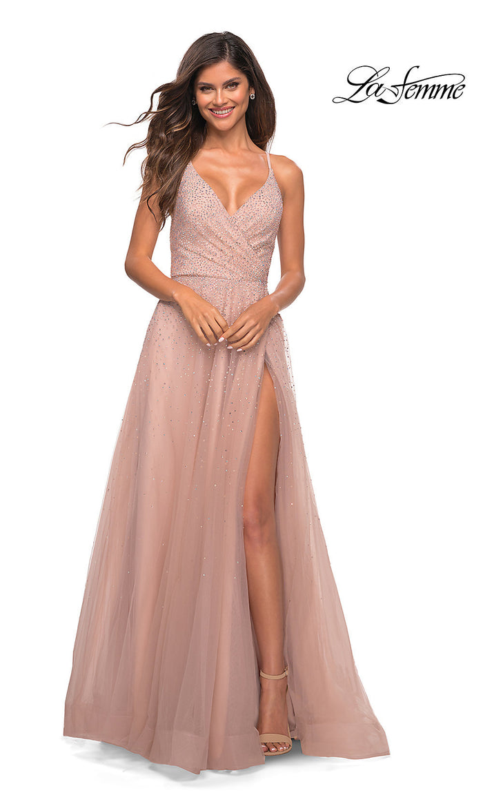 Mauve La Femme A-Line Long Beaded Mauve Pink Prom Dress
