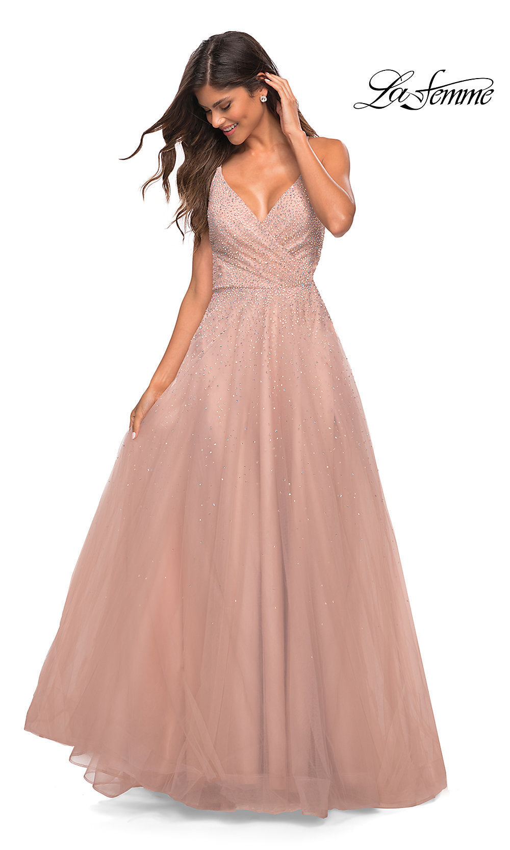  La Femme A-Line Long Beaded Mauve Pink Prom Dress