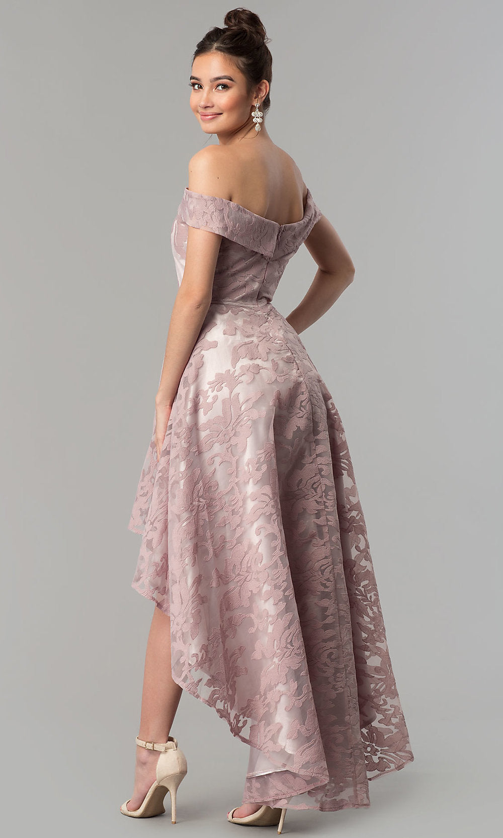  High-Low Embroidered Off-the-Shoulder Prom Dress