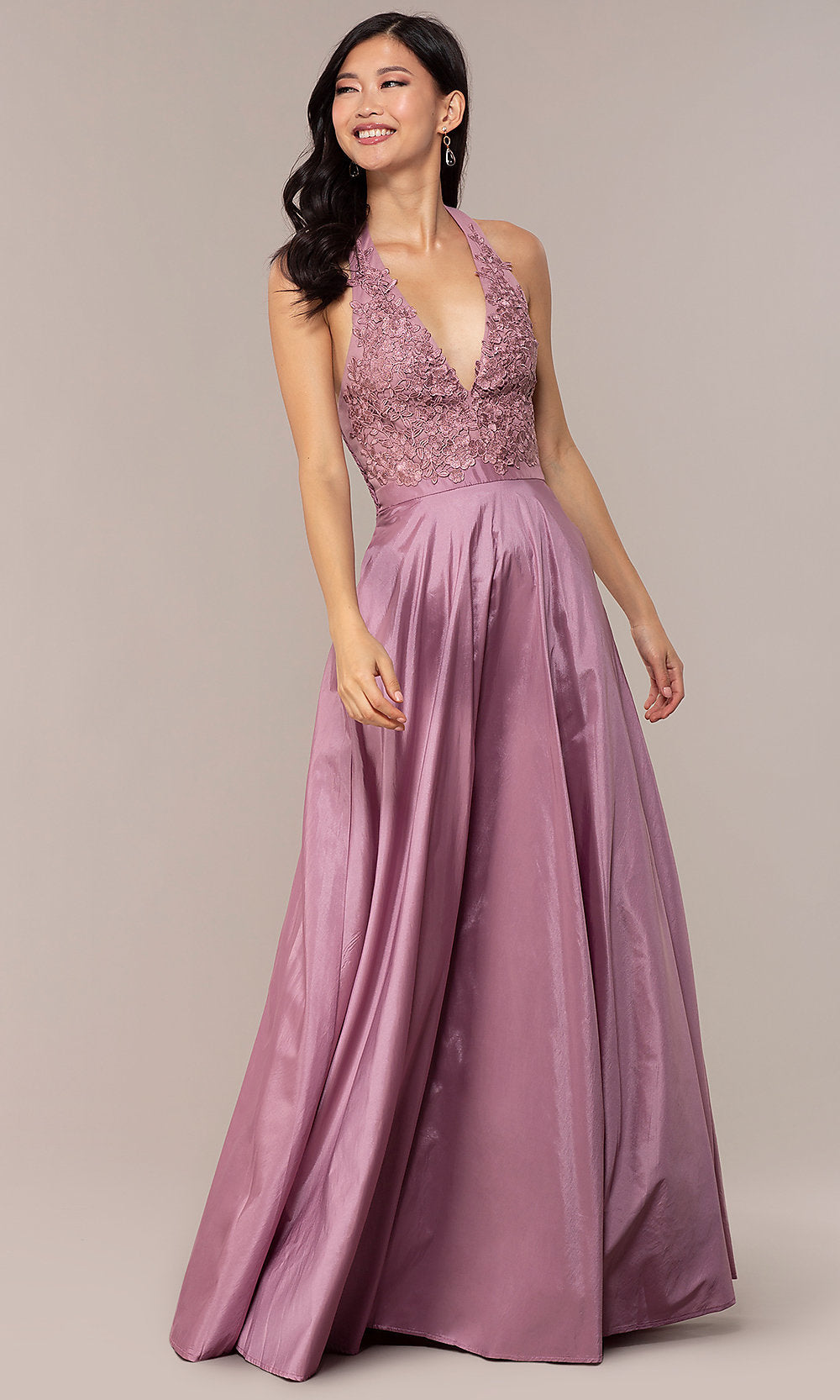 Mauve Lace-Bodice Halter Long Prom Dress with Pockets