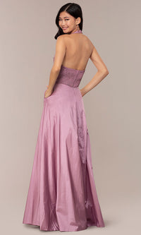  Lace-Bodice Halter Long Prom Dress with Pockets