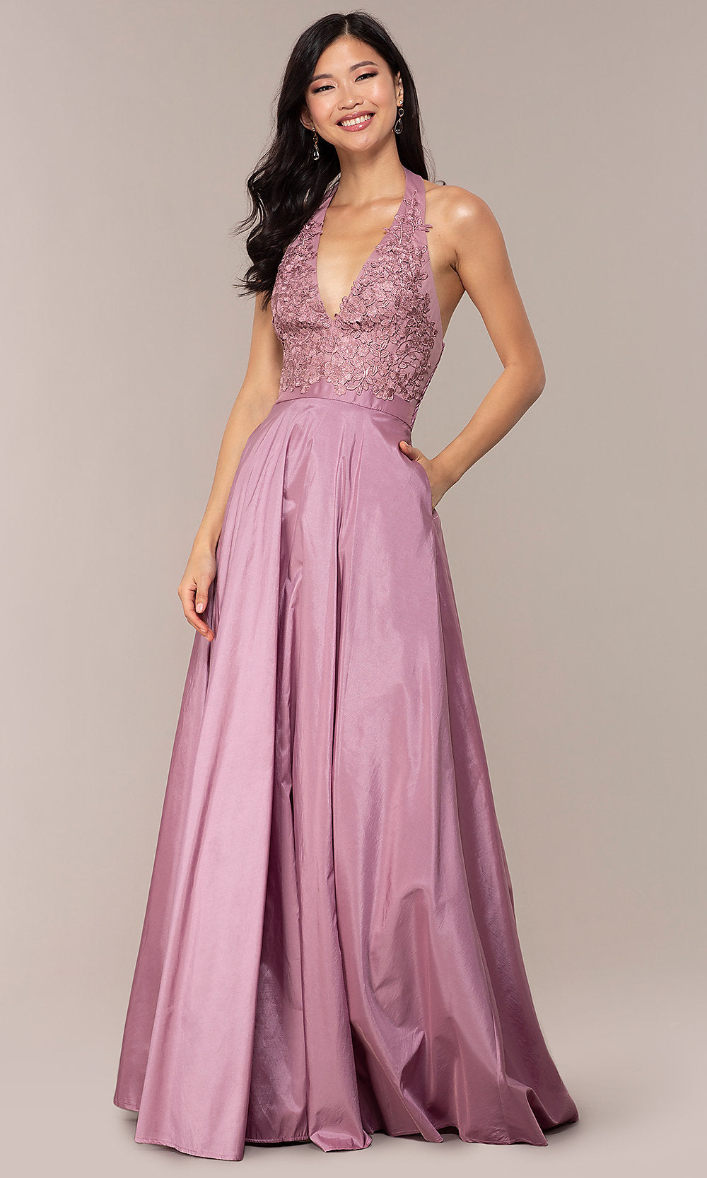  Lace-Bodice Halter Long Prom Dress with Pockets