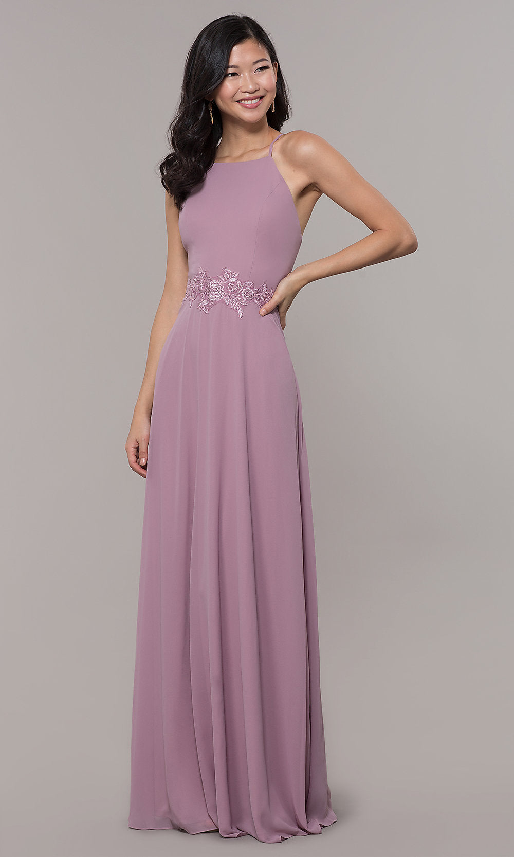 Mauve Long Embroidered-Waist High-Neck Prom Dress