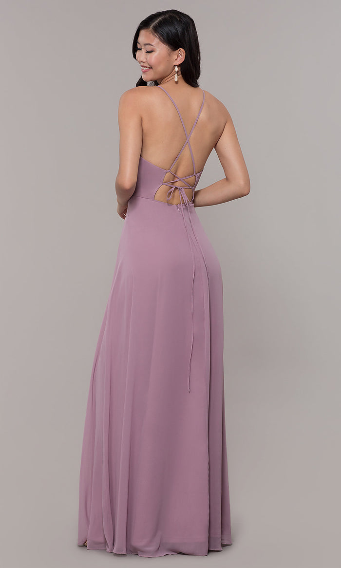  Long Embroidered-Waist High-Neck Prom Dress