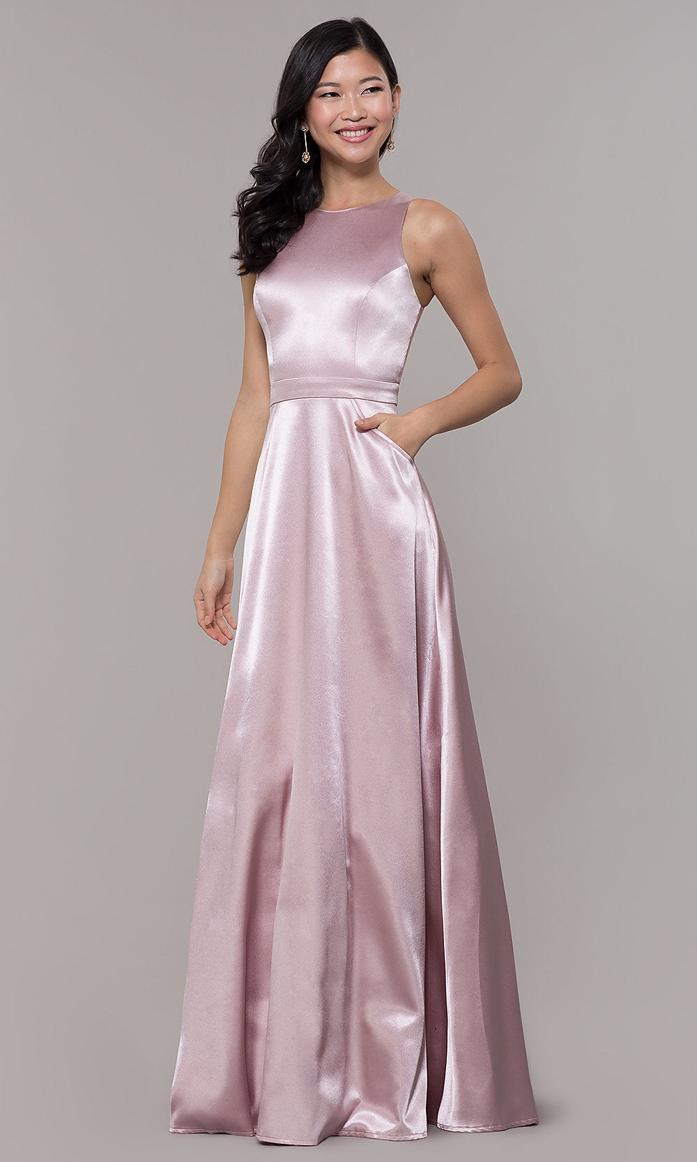 Mauve High-Neck Long Satin A-Line Prom Dress with Pockets