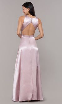  High-Neck Long Satin A-Line Prom Dress with Pockets