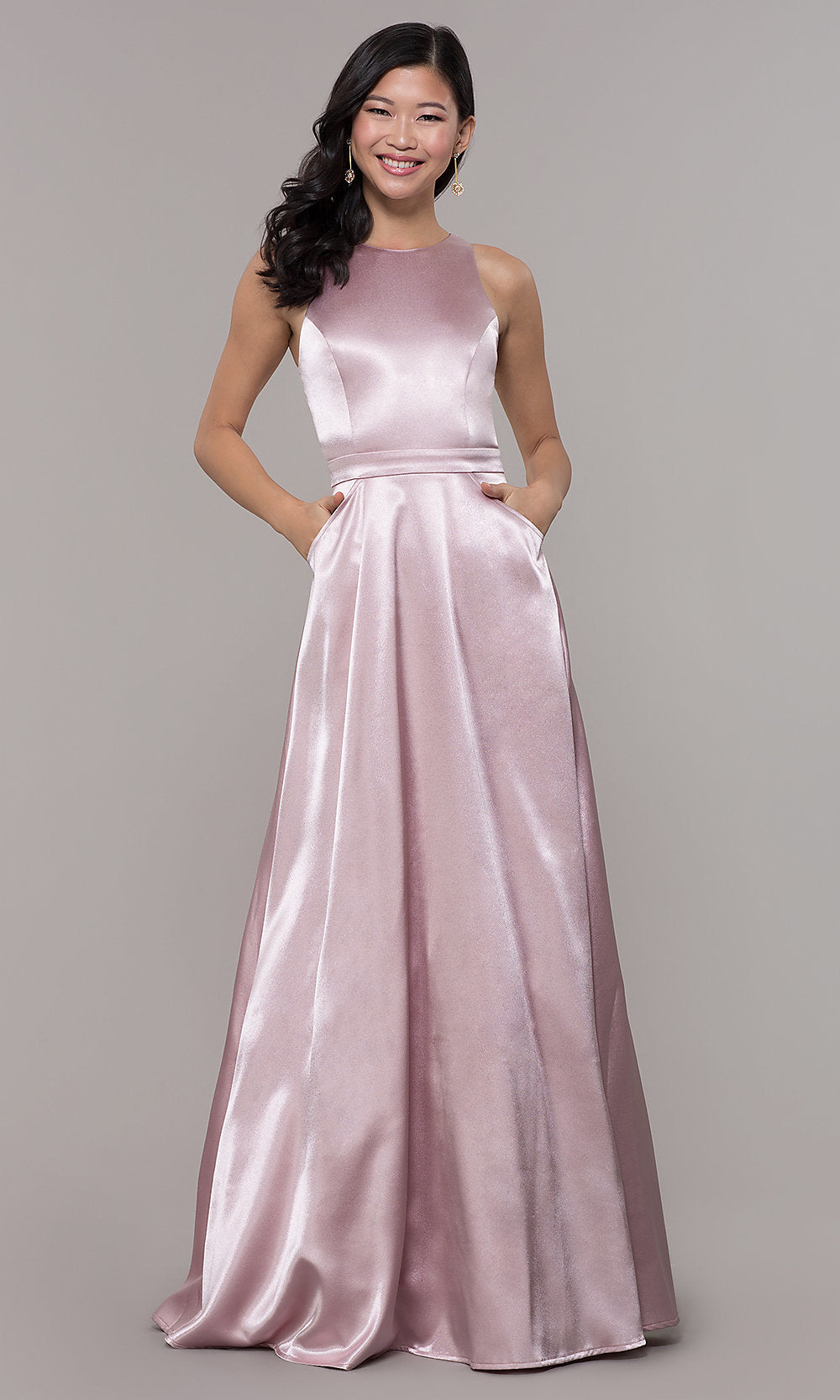  High-Neck Long Satin A-Line Prom Dress with Pockets