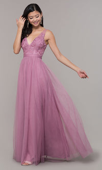 Mauve Long Mauve V-Neck Prom Dress with Embroidered Bodice