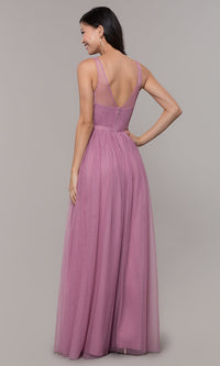  Long Mauve V-Neck Prom Dress with Embroidered Bodice
