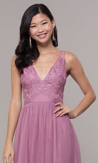  Long Mauve V-Neck Prom Dress with Embroidered Bodice