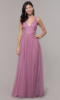  Long Mauve V-Neck Prom Dress with Embroidered Bodice