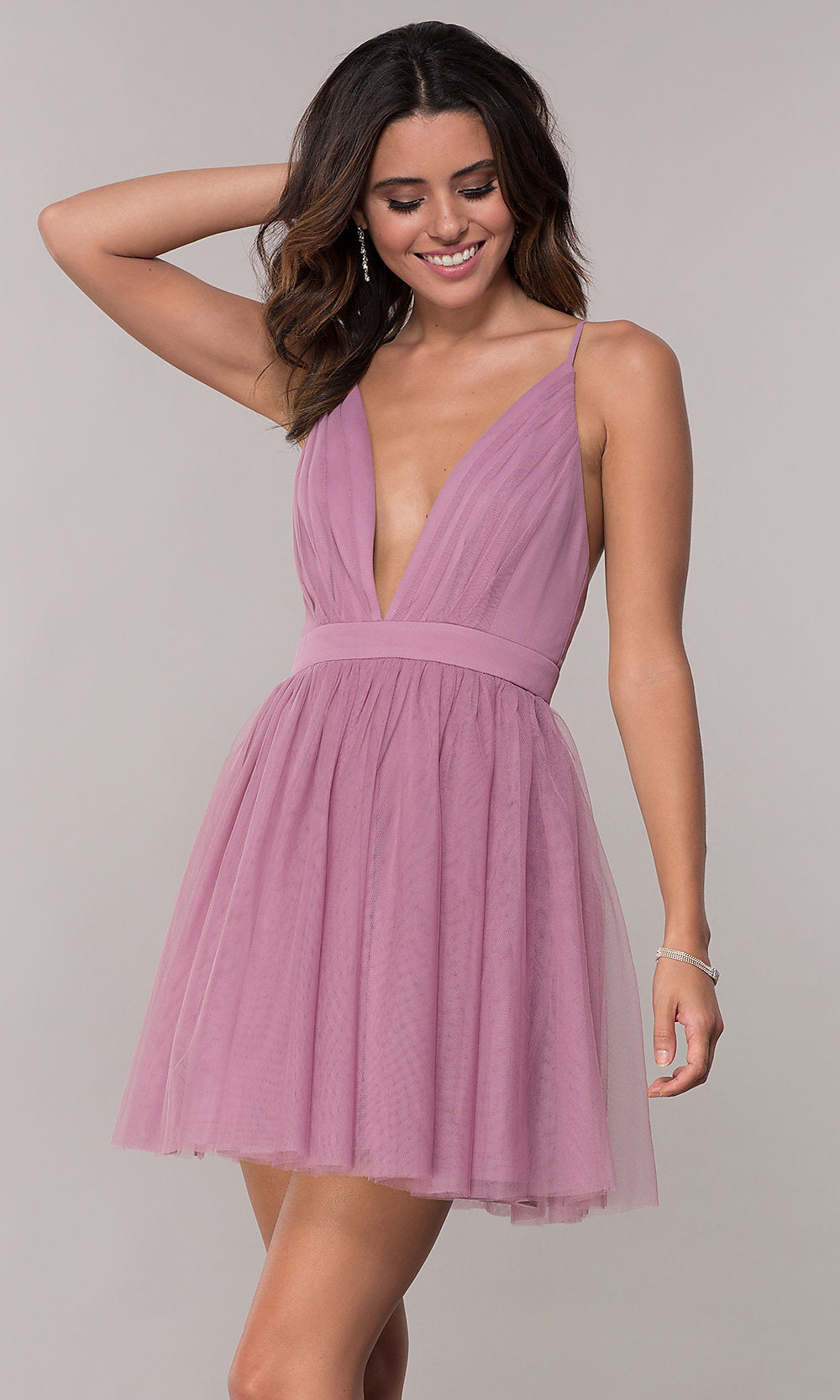 Mauve Short Tulle Homecoming Dress with Deep V-Neckline