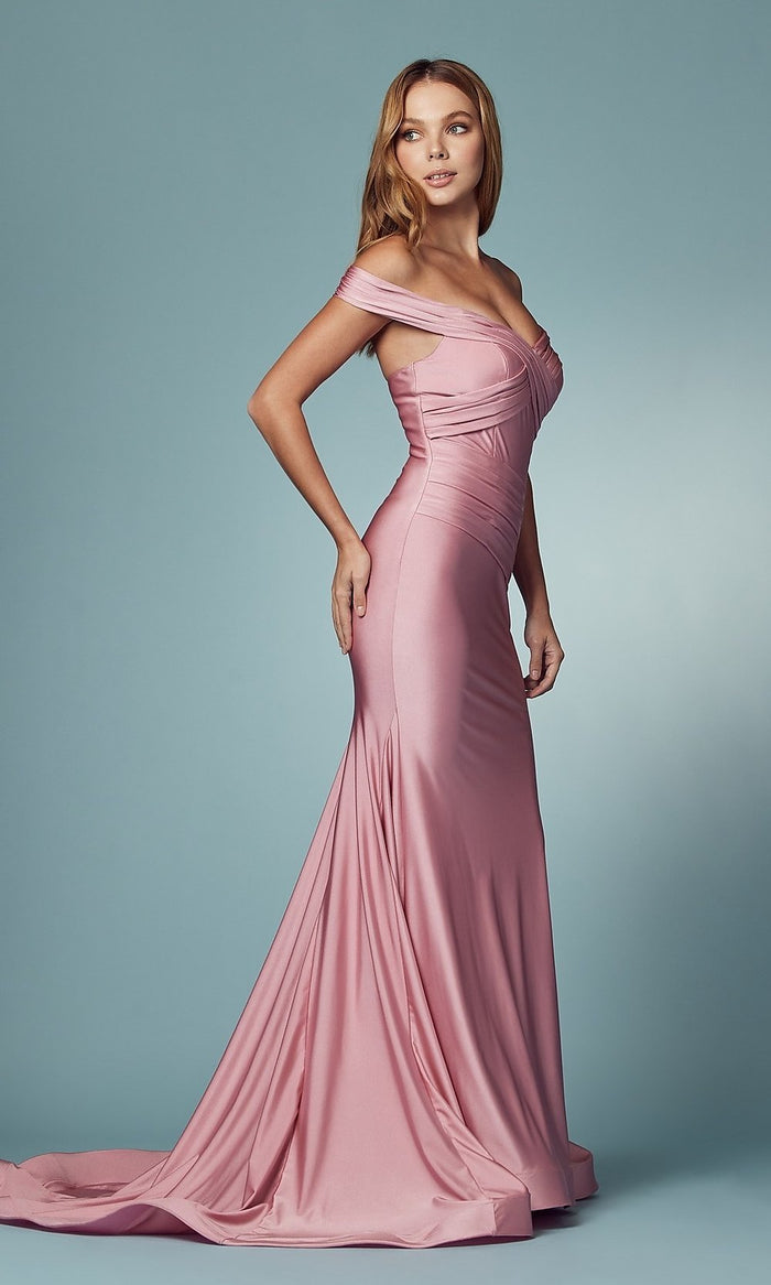 Mauve Off-the-Shoulder Long Formal Prom Dress with Train