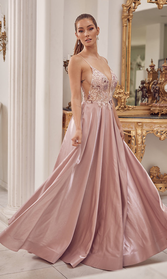 Mauve Sheer-Bodice Long Mauve Pink Formal Gown