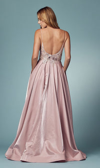  Sheer-Bodice Long Mauve Pink Formal Gown